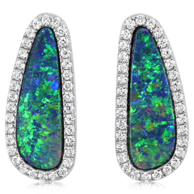 14K White Gold Australian Opal Doublet/Diamond Earrings