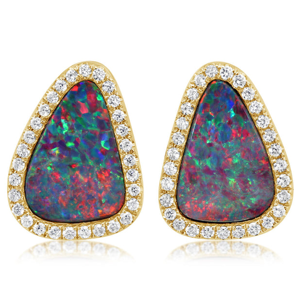 14K Yellow Gold Australian Opal Doublet/Diamond Earrings