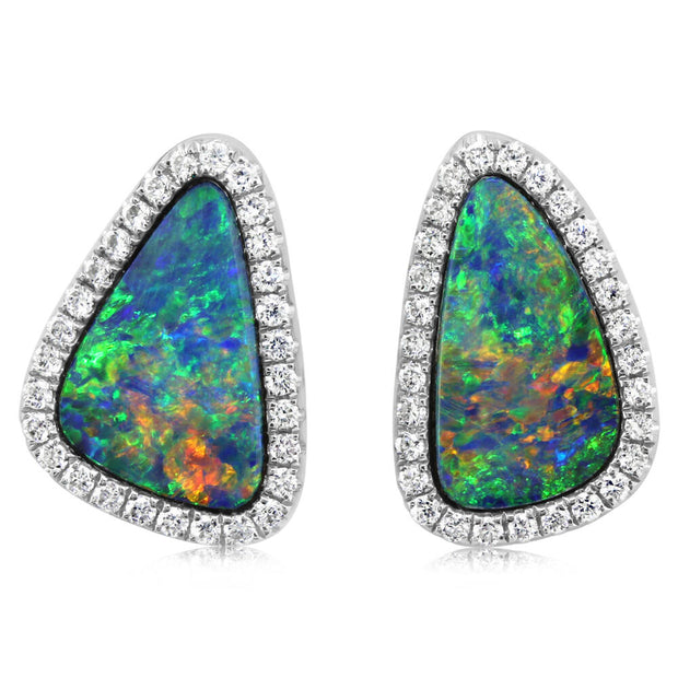 14K White Gold Australian Opal Doublet/Diamond Earrings