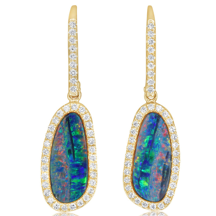 14K Yellow Gold Australian Opal Doublet/Diamond Earrings