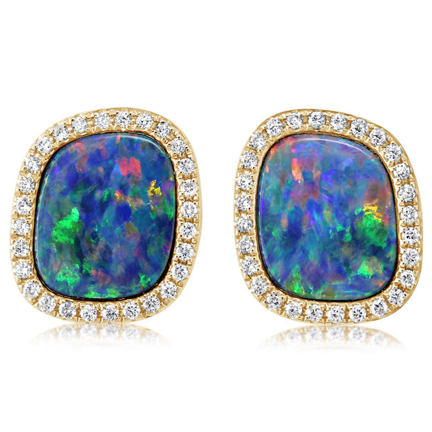 14K Yellow Gold Australian Opal Doublet/Diamond Earrings