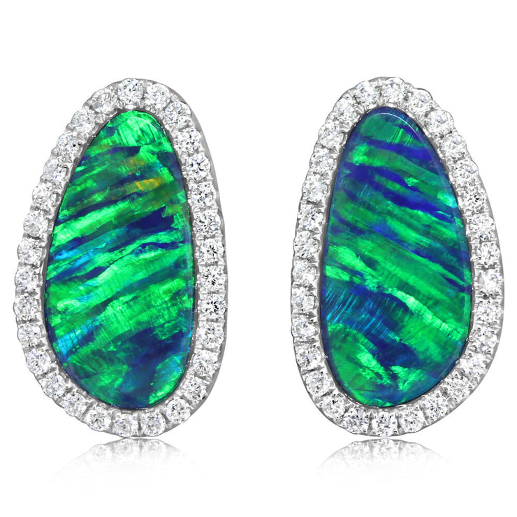 14K White Gold Australian Opal Doublet/Diamond Earrings