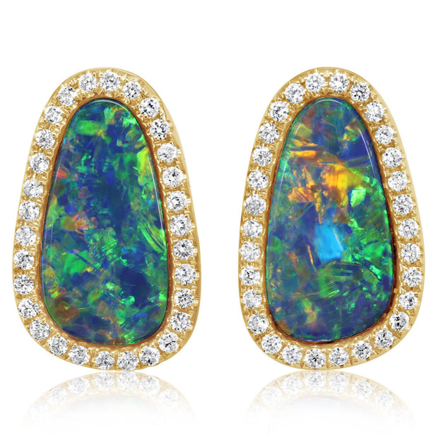 14K Yellow Gold Australian Opal Doublet/Diamond Earrings