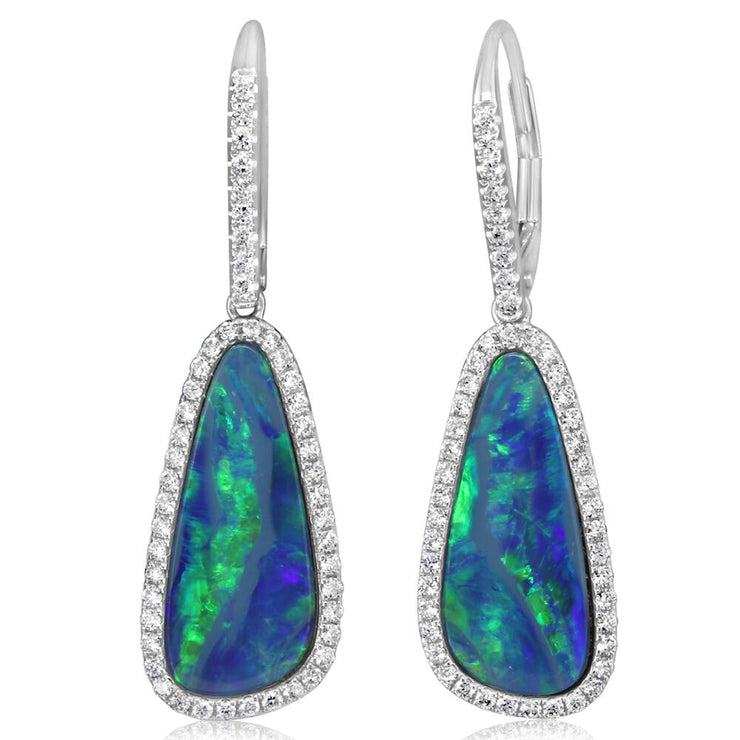 14K White Gold Australian Opal Doublet/Diamond Earrings