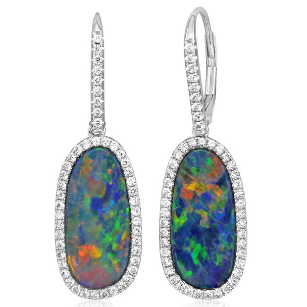 14K White Gold Australian Opal Doublet/Diamond Earrings