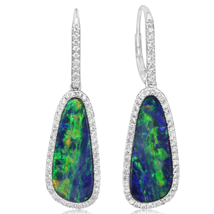 14K White Gold Australian Opal Doublet/Diamond Earrings