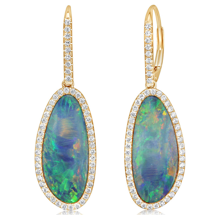 14K Yellow Gold Australian Opal Doublet/Diamond Earrings