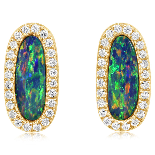 14K Yellow Gold Australian Opal Doublet/Diamond Earrings