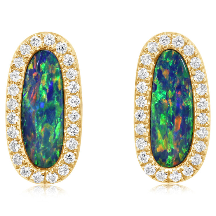 14K Yellow Gold Australian Opal Doublet/Diamond Earrings