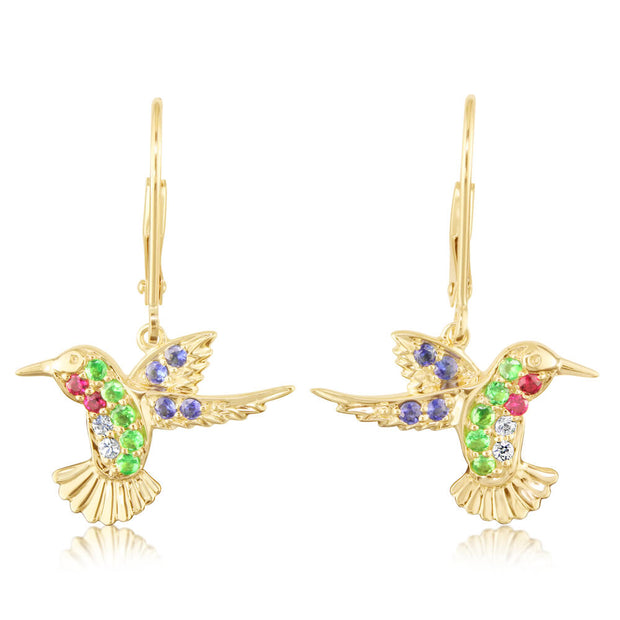 14K Yellow Gold Tsavorite/Ruby/Blue Sapphire Hummingbird Earrings