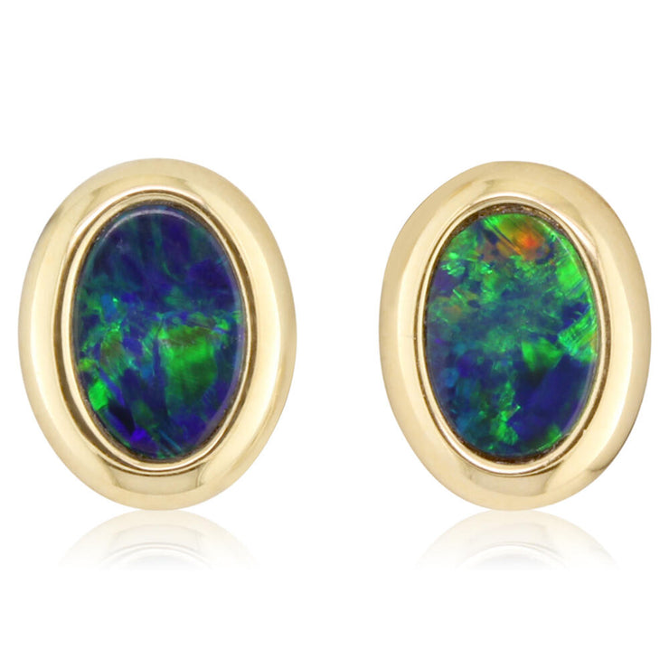 14K Yellow Gold 4x6 Oval Australian Opal Doublet Earrings