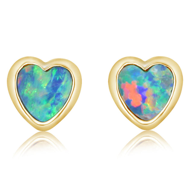 14K Yellow Gold Australian Opal Doublet Heart Earrings