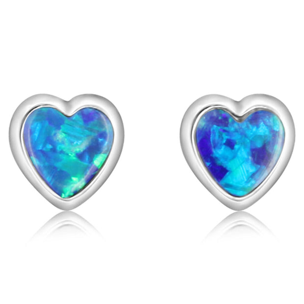 14K White Gold Australian Opal Doublet Heart Earrings