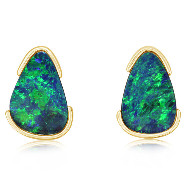 14K Yellow Gold Australian Opal Doublet Earrings