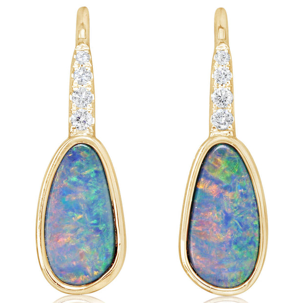 14K Yellow Gold Australian Opal Doublet/Diamond Earrings