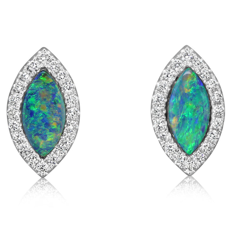 14K White Gold Australian Opal Doublet/Diamond Earrings