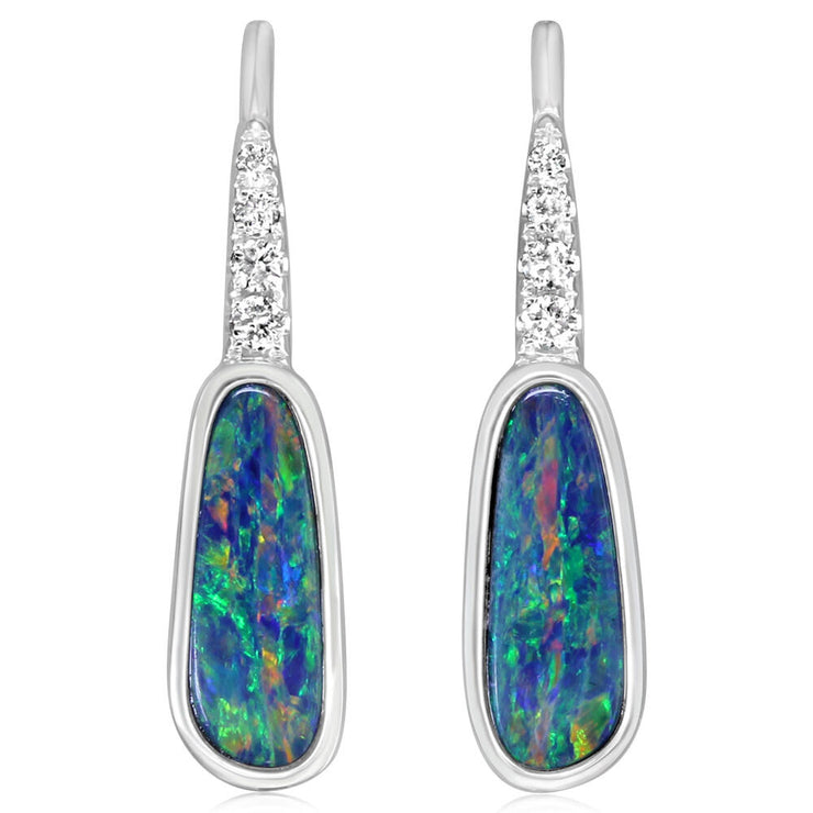 14K White Gold Australian Opal Doublet/Diamond Earrings