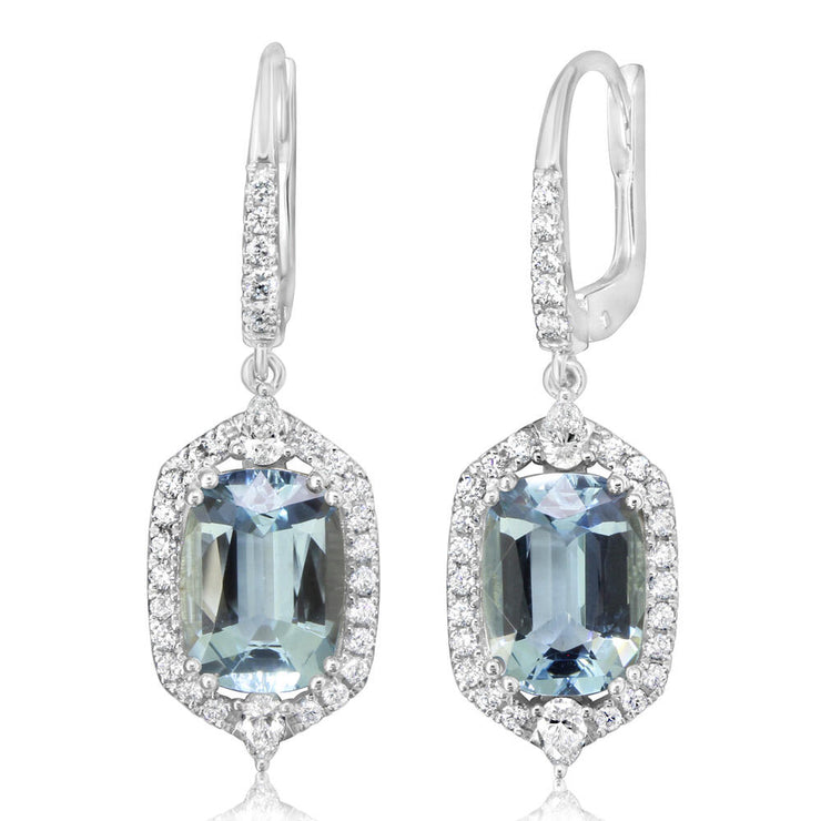 Platinum Aquamarine/Diamond Earrings with 18K White Gold Leverback