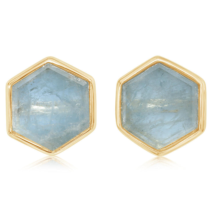 14K Yellow Gold Hexagon Slice Aquamarine Earrings