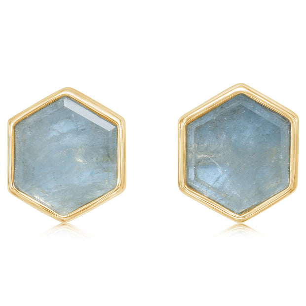 14K Yellow Gold Hexagon Slice Aquamarine Earrings