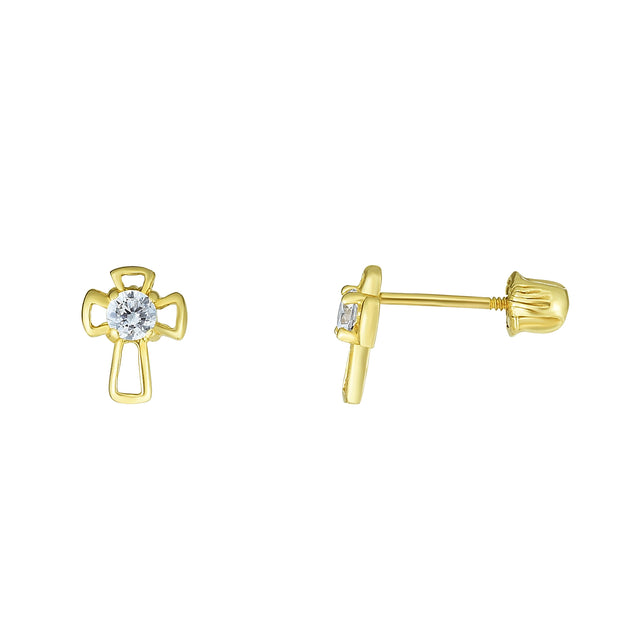 14K Gold CZ Cross Stud Earring