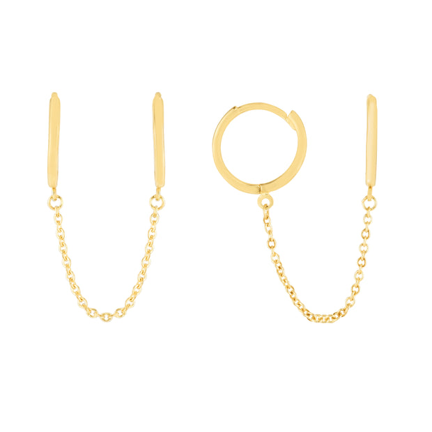 14K Double Pierced Chain Huggies