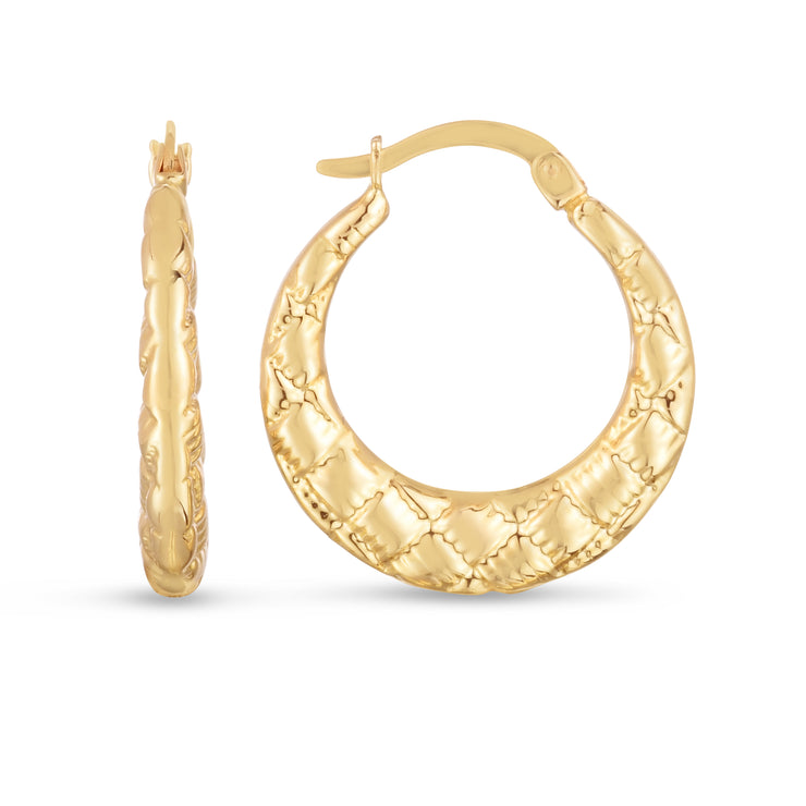 14K Puffed Checkerboard Hoops