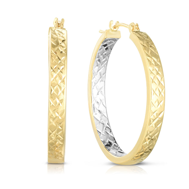 14K Yellow & White Gold Diamond Cut Hoop Earring