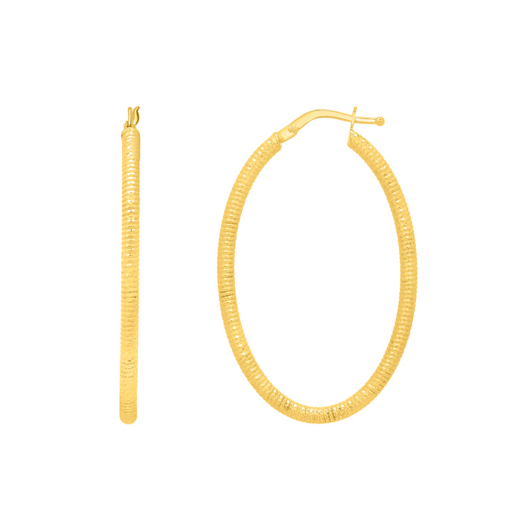 14K Gold Oval Diamond Cut Hoop Earring