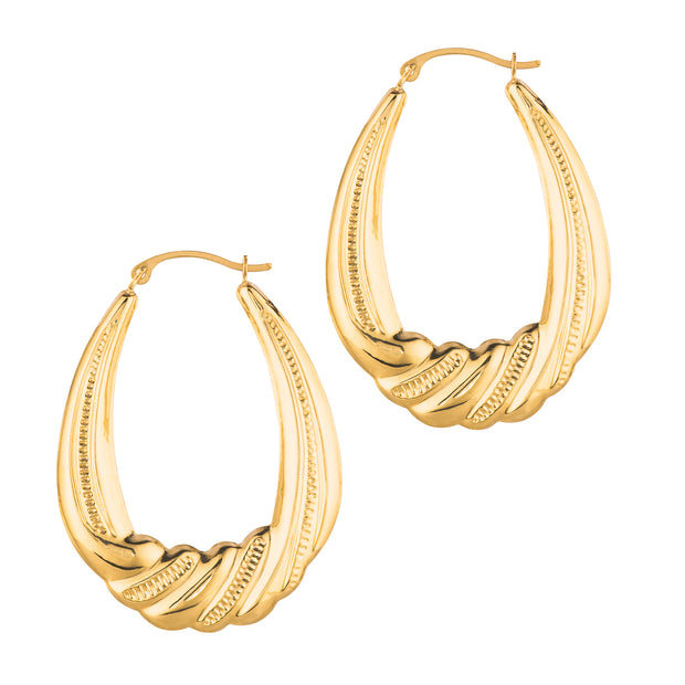 14K Gold Graduated Puffy Oval Twist Back to Back Hoop Earring