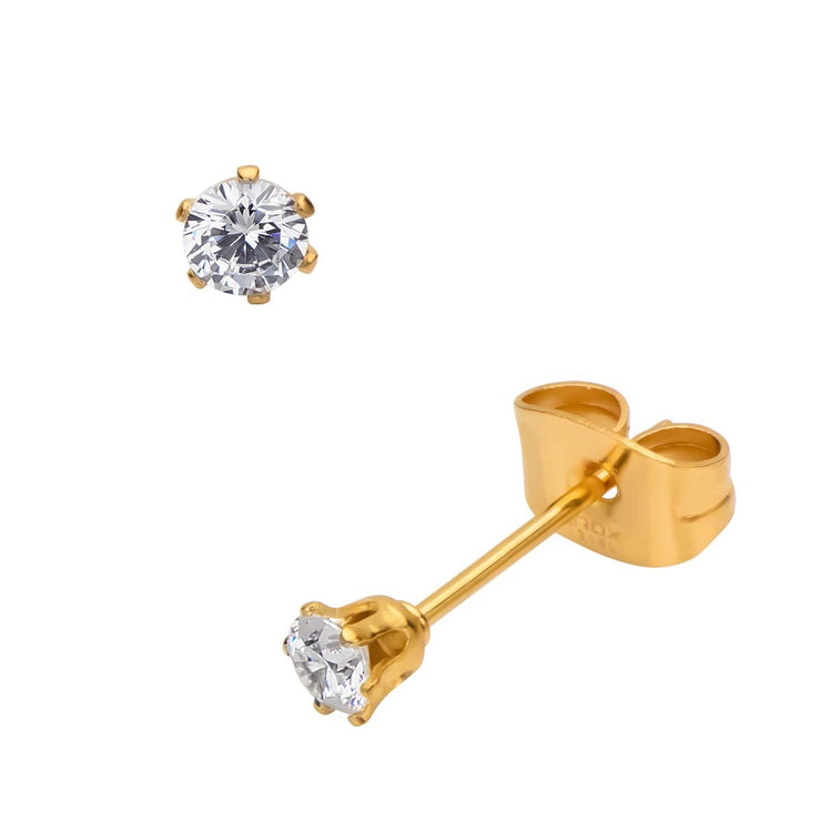 Gold IP Steel with Clear CZ Stud Earrings (Unisex)