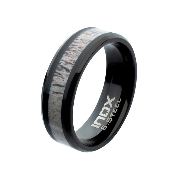 8mm Black IP Deer Antler Inlay Comfort Fit Ring