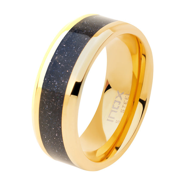 18Kt Gold IP Genuine Blue Sandstone Inlay Ring