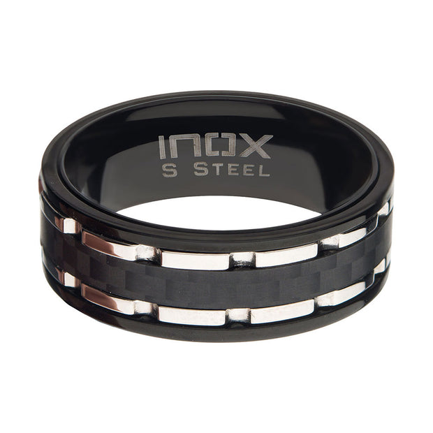 Black Carbon Fiber Hammered Ring with Stainless Steel Lines