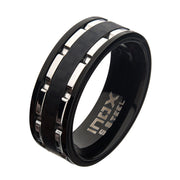 Black Carbon Fiber Hammered Ring with Stainless Steel Lines