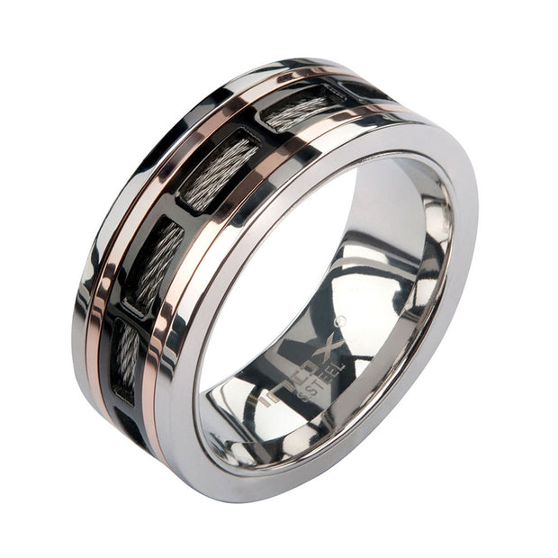 Black & Rose Gold IP Steel Window with Cable Inlay Comfort Fit Ring