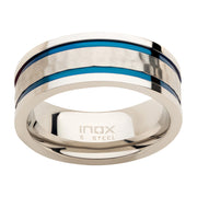 8mm Hammered Steel Center Comfort Fit Ring with Thin Blue IP Lines