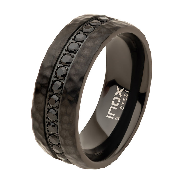 Black IP with CNC Set Black CZ Hammered Ring