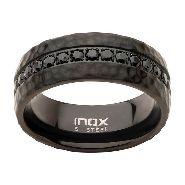 Black IP with CNC Set Black CZ Hammered Ring