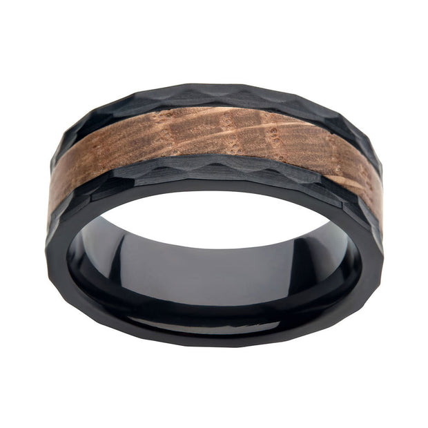 8mm Whiskey Barrel Wood Inlay Black IP Steel Comfort Fit Ring