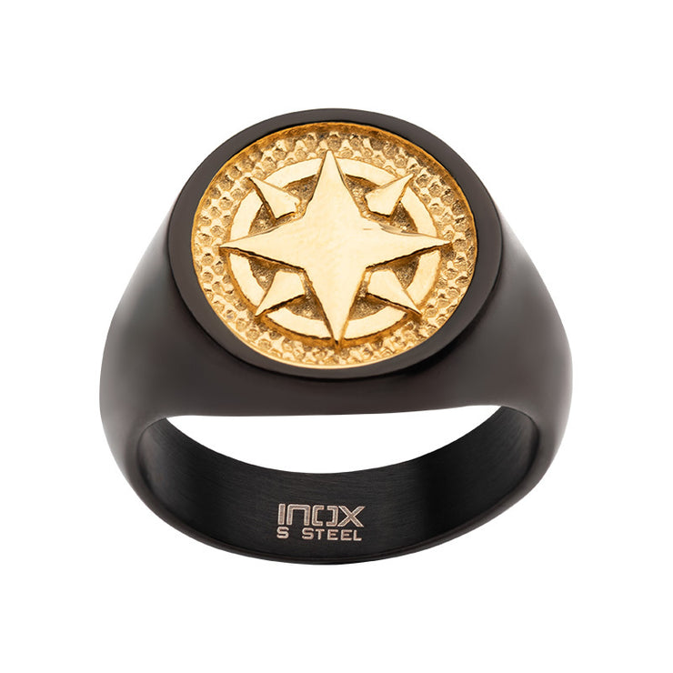 18Kt Gold IP Wayfinder Compass Black IP Signet Ring