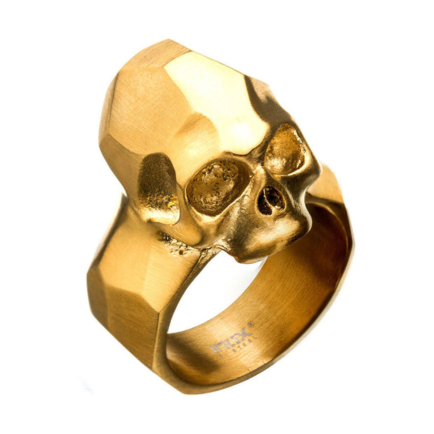 Geometric Style Brushed Gold IP Skull Rings