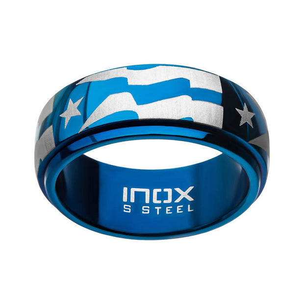 Stainless Steel & Blue IP Puerto Rico Flag Spinner Ring