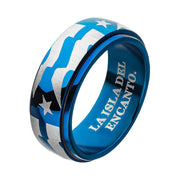 Stainless Steel & Blue IP Puerto Rico Flag Spinner Ring