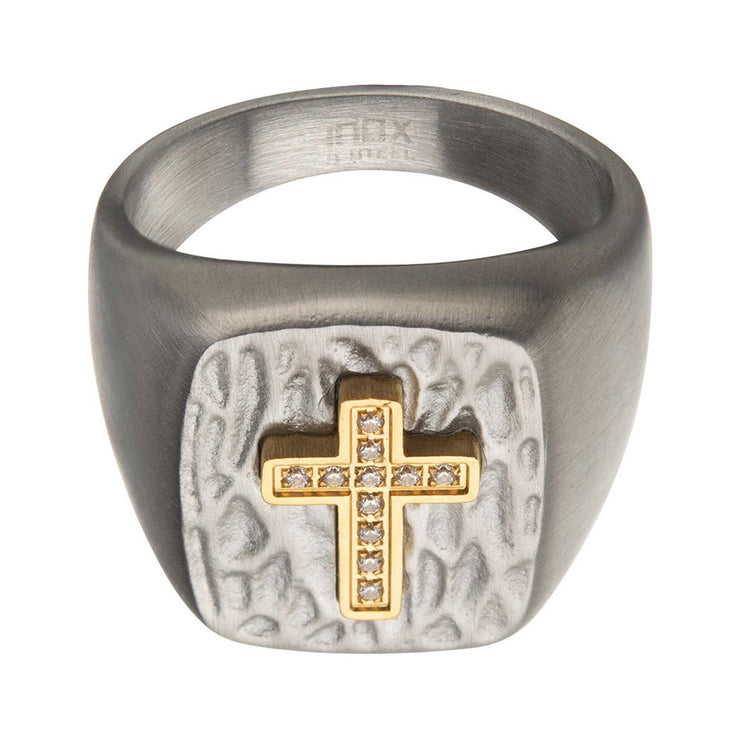 Gold IP Cross with Clear CZs on Steel Hammered Signet Rings