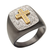 Gold IP Cross with Clear CZs on Steel Hammered Signet Rings