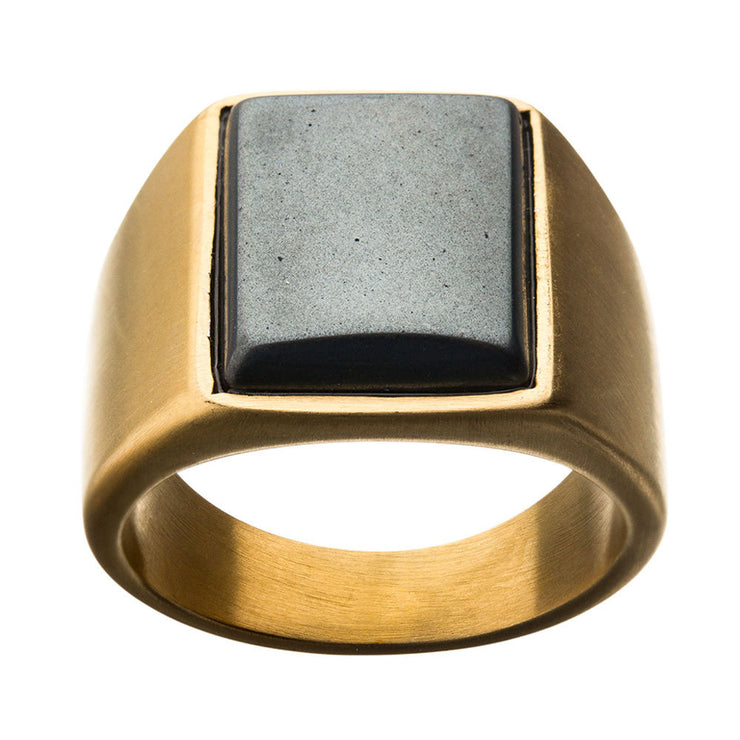 Stainless Steel Matte Gold IP Signet Rings with Polished Hematite