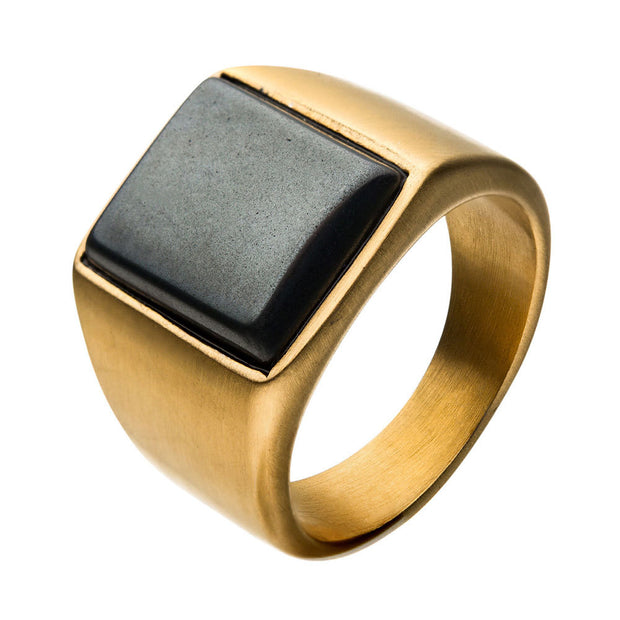 Stainless Steel Matte Gold IP Signet Rings with Polished Hematite