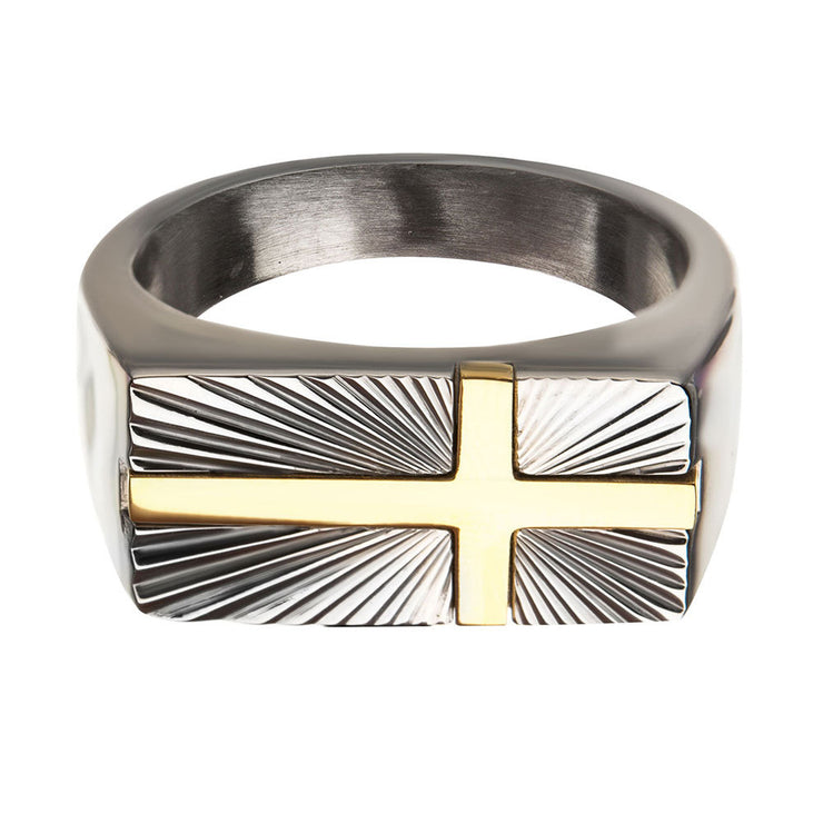 Stainless Steel with Gold IP Transfiguration Cross Ring