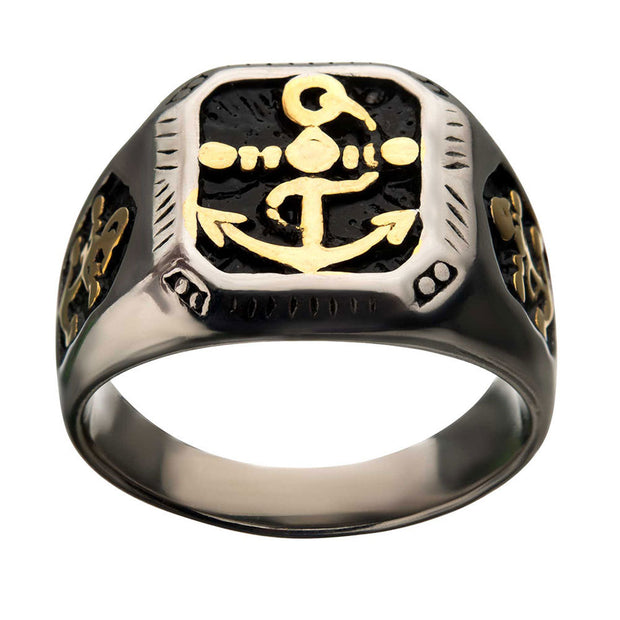 Stainless Steel Black Oxidized & Gold IP with Vintage Anchor Signet Rings